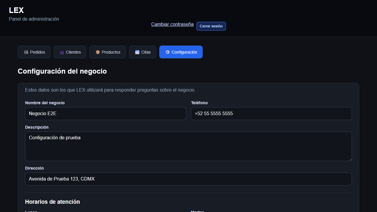 Configuración del negocio en LEX