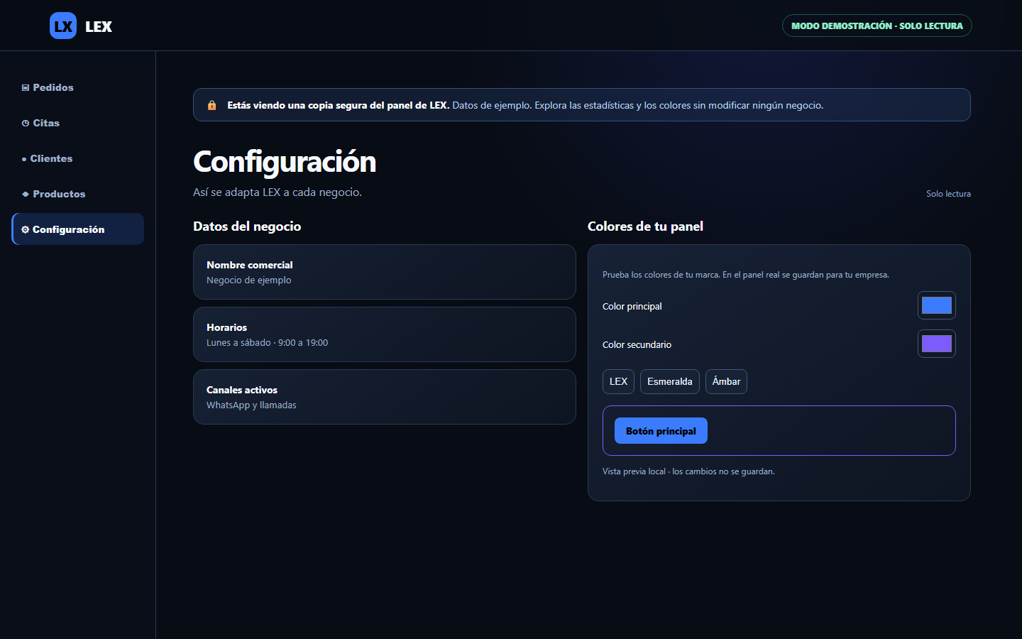 Panel real de configuración de LEX